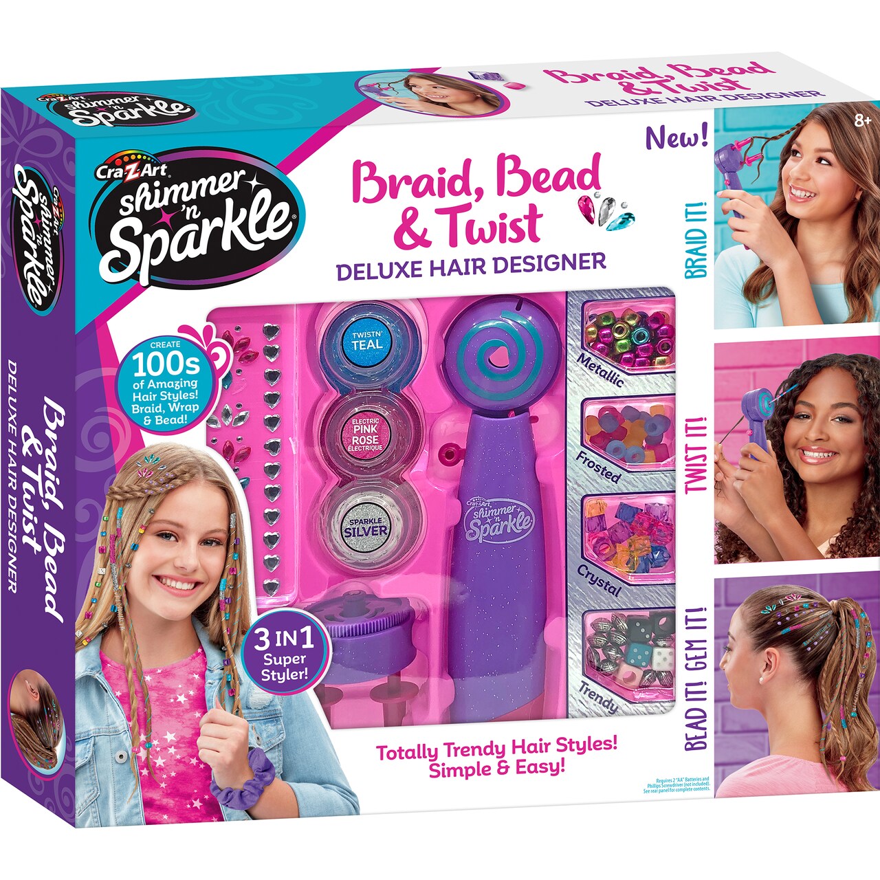 Cra-Z-Art Shimmer ‘n Sparkle: Braid Bead & Twist Deluxe Hair Designer - 3-In1 Hair Tool, Braid-Wrap-Bead, Create Trendy Hair Styles, Kids Ages 8+